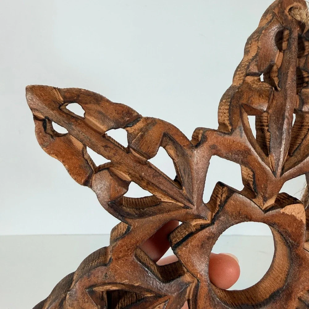 Hand Carved Wooden Star / snowflake Ornament Rustic‎ Boho Decor